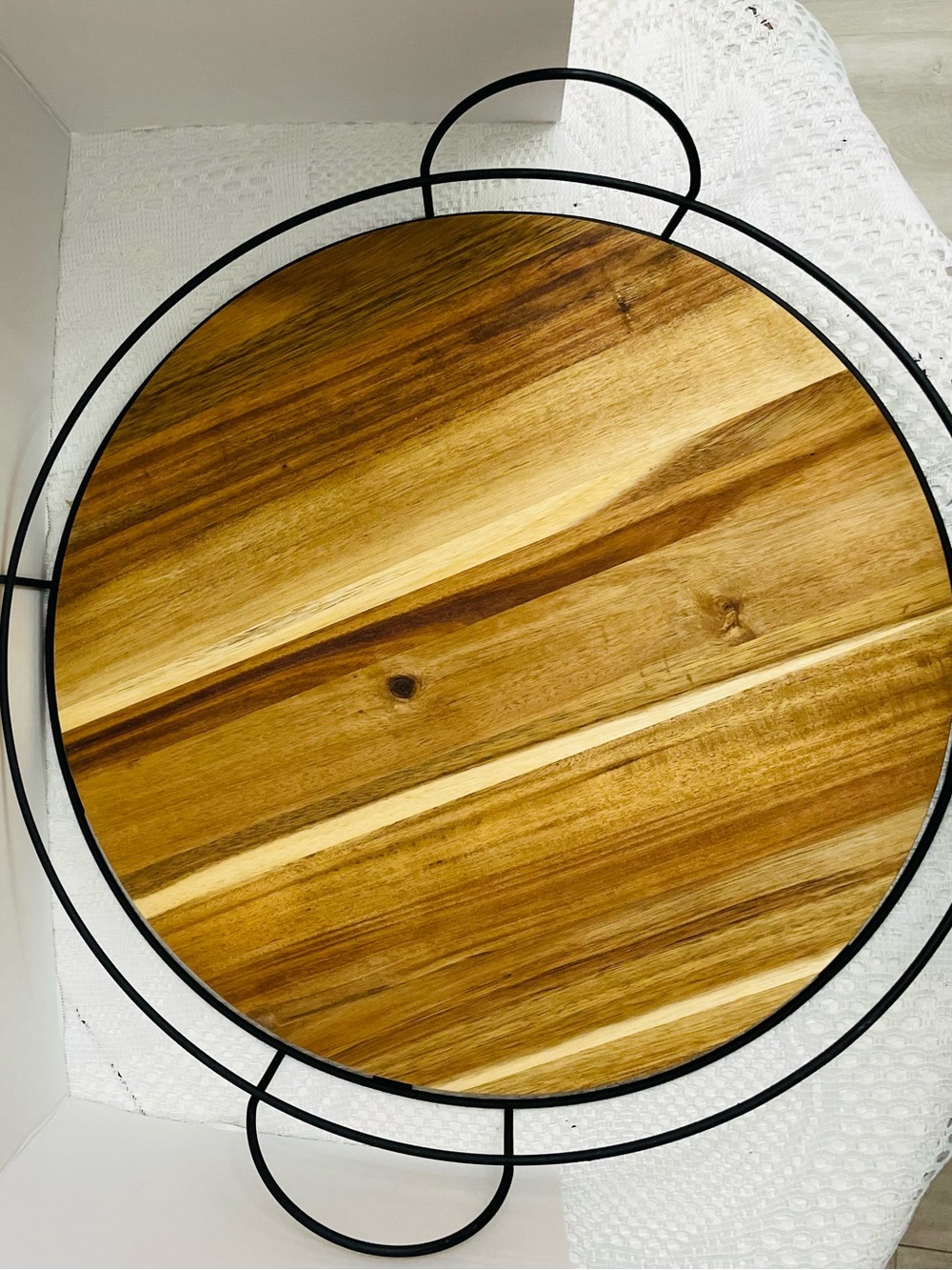 Round Wood Serving Tray with Black Metal Frame - Natural Wood